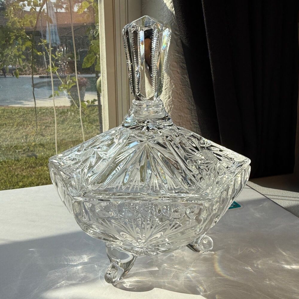 Three Footed Hexagon Cut-Crystal Lidded Candy Dish Faceted Finial 7in